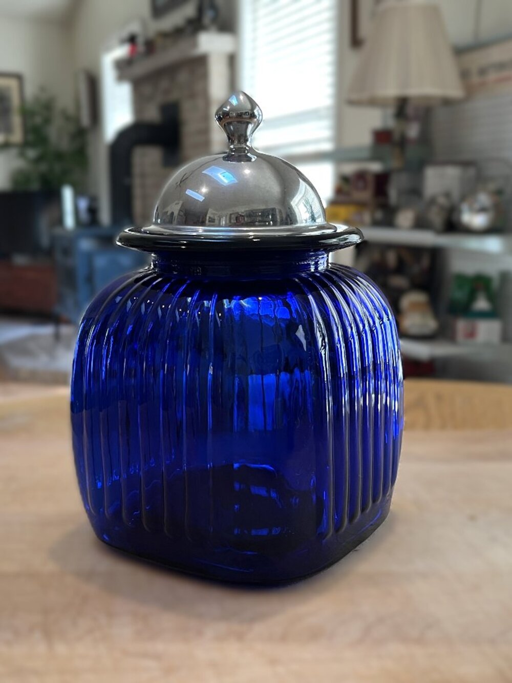 Vintage Artland Cobalt Blue Glass Canister – Ribbed Jar w/Metal Lid